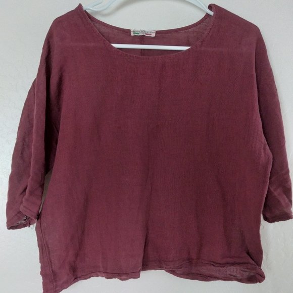 Made In Italy Tops - 100% Linen Plum Cropped Long-Sleeve